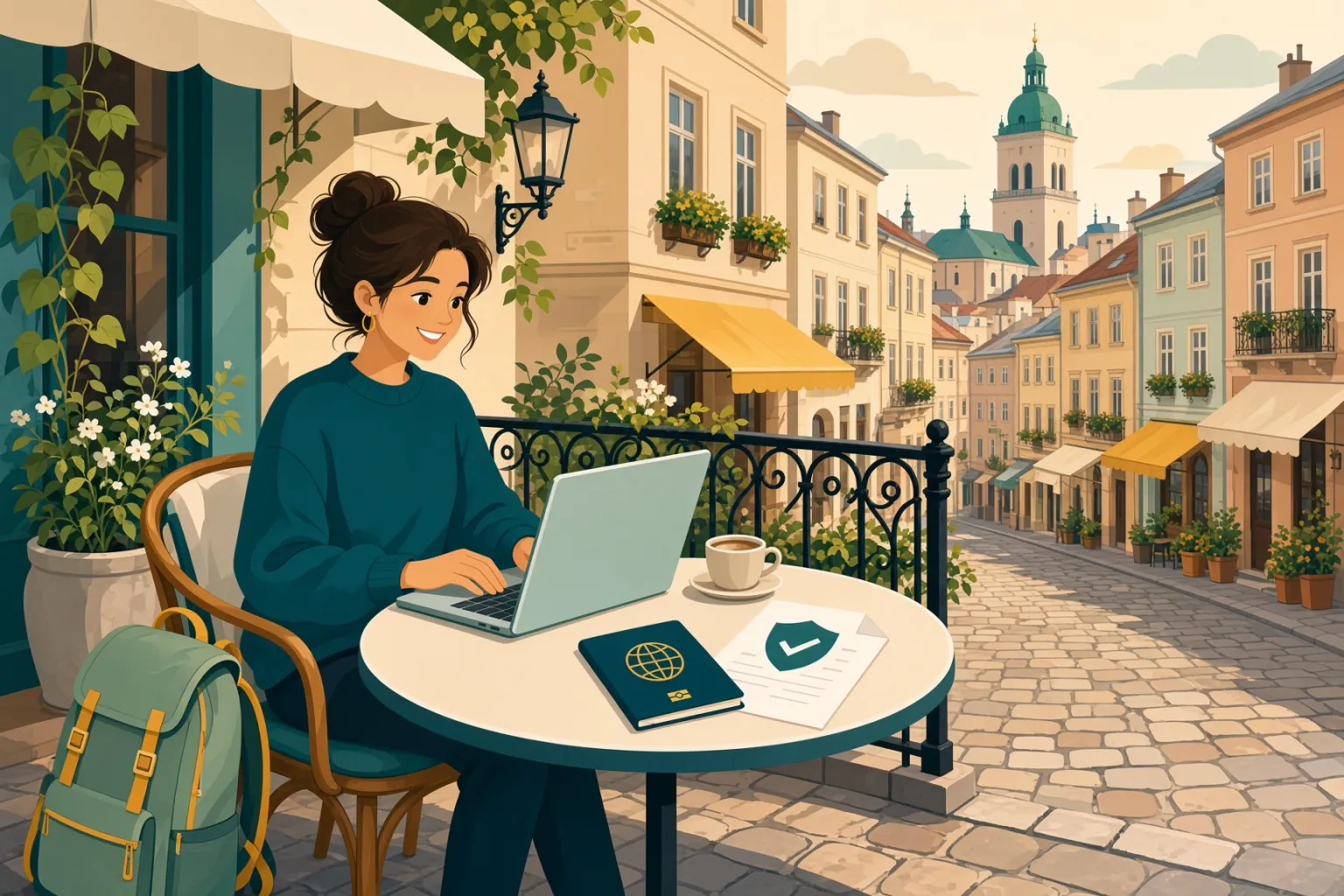 Illustrazione: una donna lavora al portatile al tavolino di un caffè in una via del centro storico, con un passaporto e un documento accanto al caffè.
