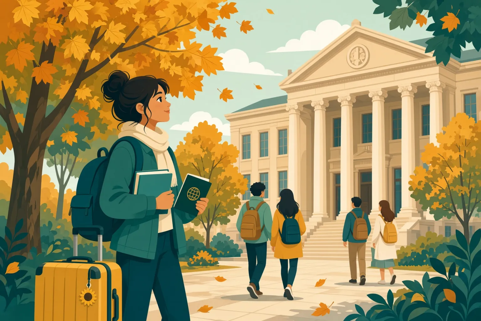 Illustrazione: una studentessa con zaino, valigia, libri e passaporto davanti a un edificio universitario in autunno.