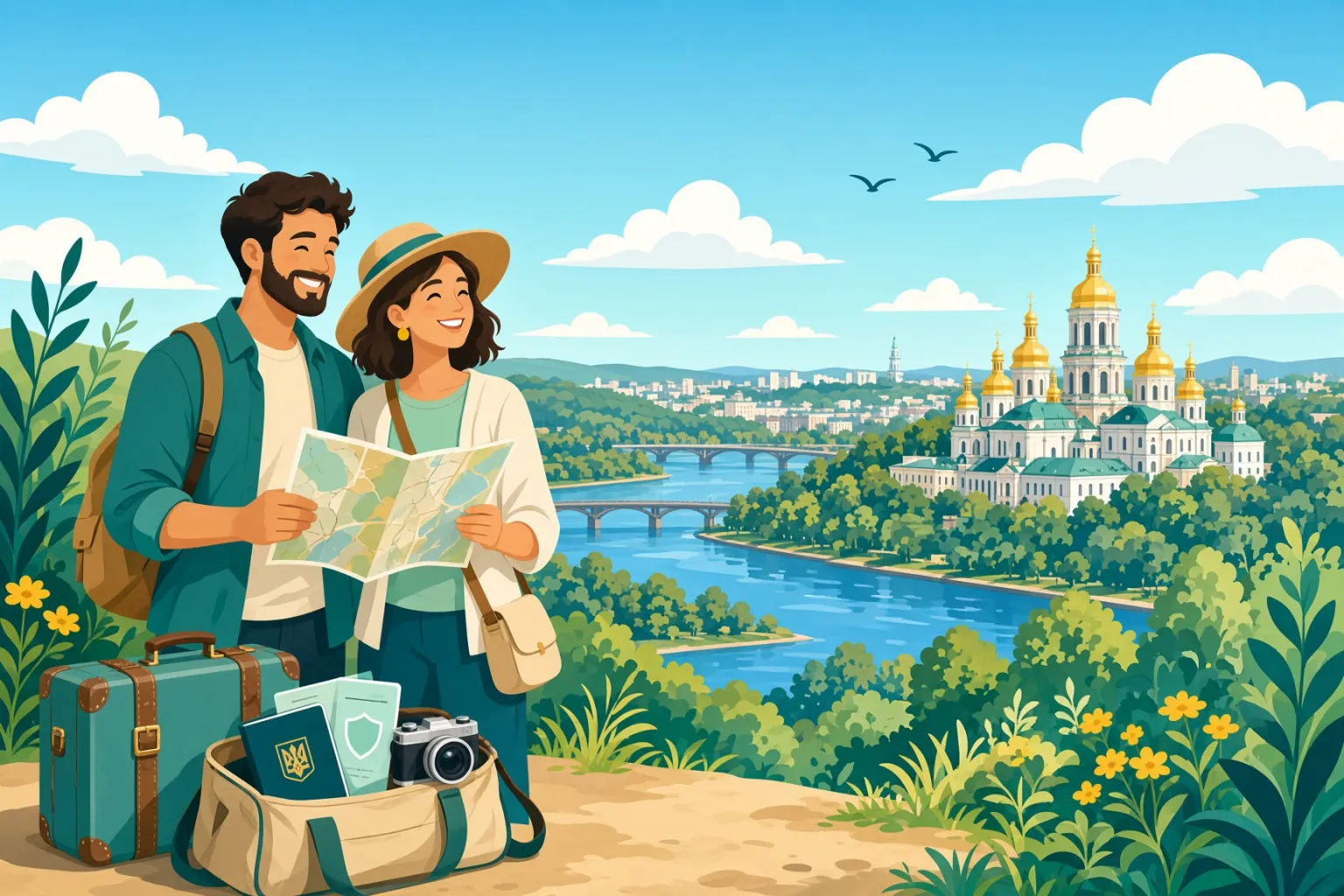 Illustrazione: due viaggiatori consultano una mappa su una collina sopra un fiume, con bagagli, un passaporto e una macchina fotografica ai piedi e chiese dalle cupole dorate sull'altra riva.