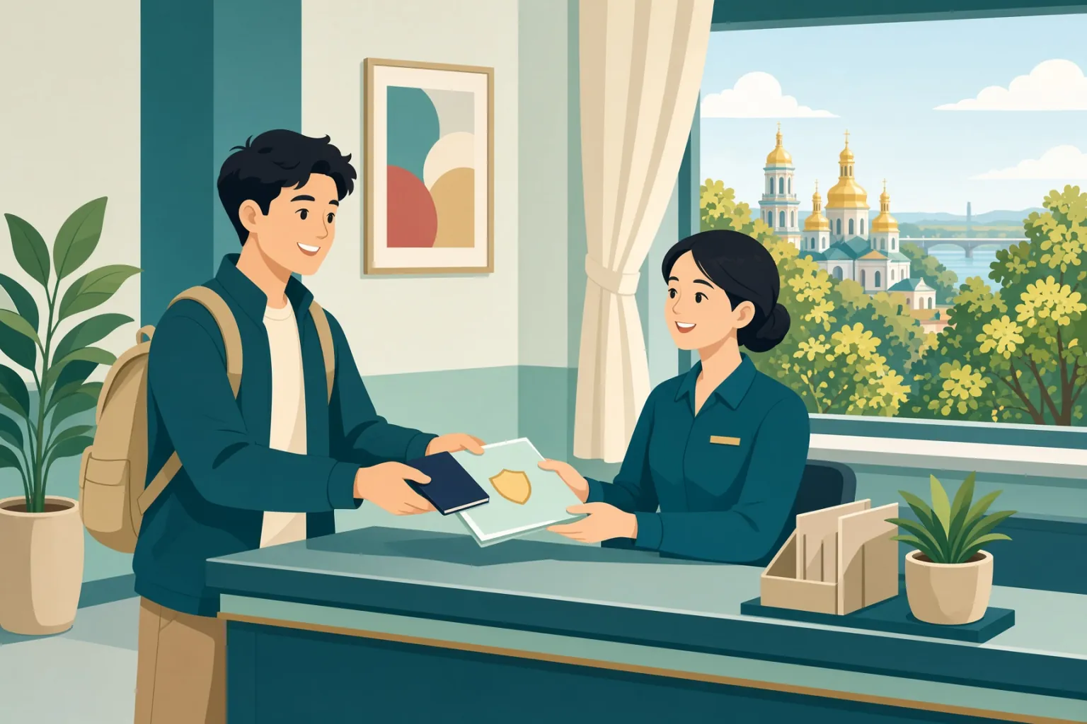 Illustrazione: un giovane viaggiatore porge un passaporto e un documento a un'impiegata sorridente allo sportello, con cupole dorate di chiese fuori dalla finestra.