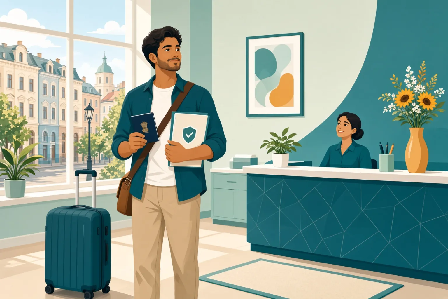 Illustrazione: un viaggiatore con la valigia tiene in mano un passaporto e un documento assicurativo in una luminosa sala d'accoglienza, con un'impiegata al banco alle sue spalle.