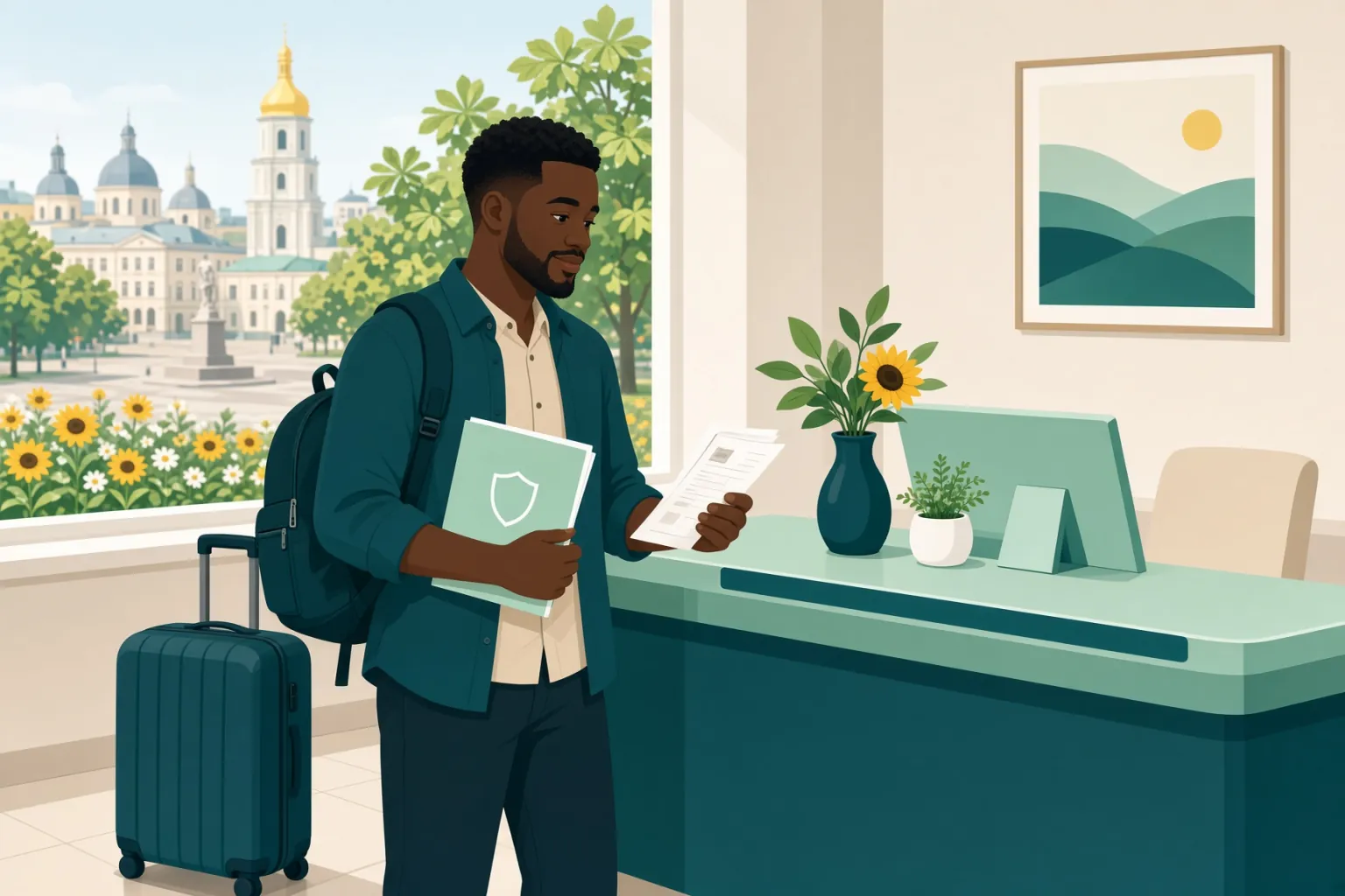 Illustrazione: un viaggiatore con zaino e valigia legge un documento al banco della reception, con una piazza e una chiesa dalla cupola dorata fuori dalla finestra.