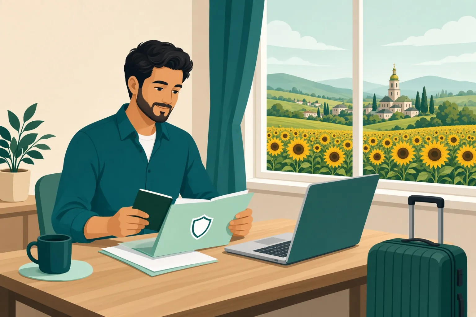 Illustrazione: un uomo alla scrivania legge un documento assicurativo con il passaporto in mano, accanto a un portatile e a una valigia, con campi di girasoli fuori dalla finestra.