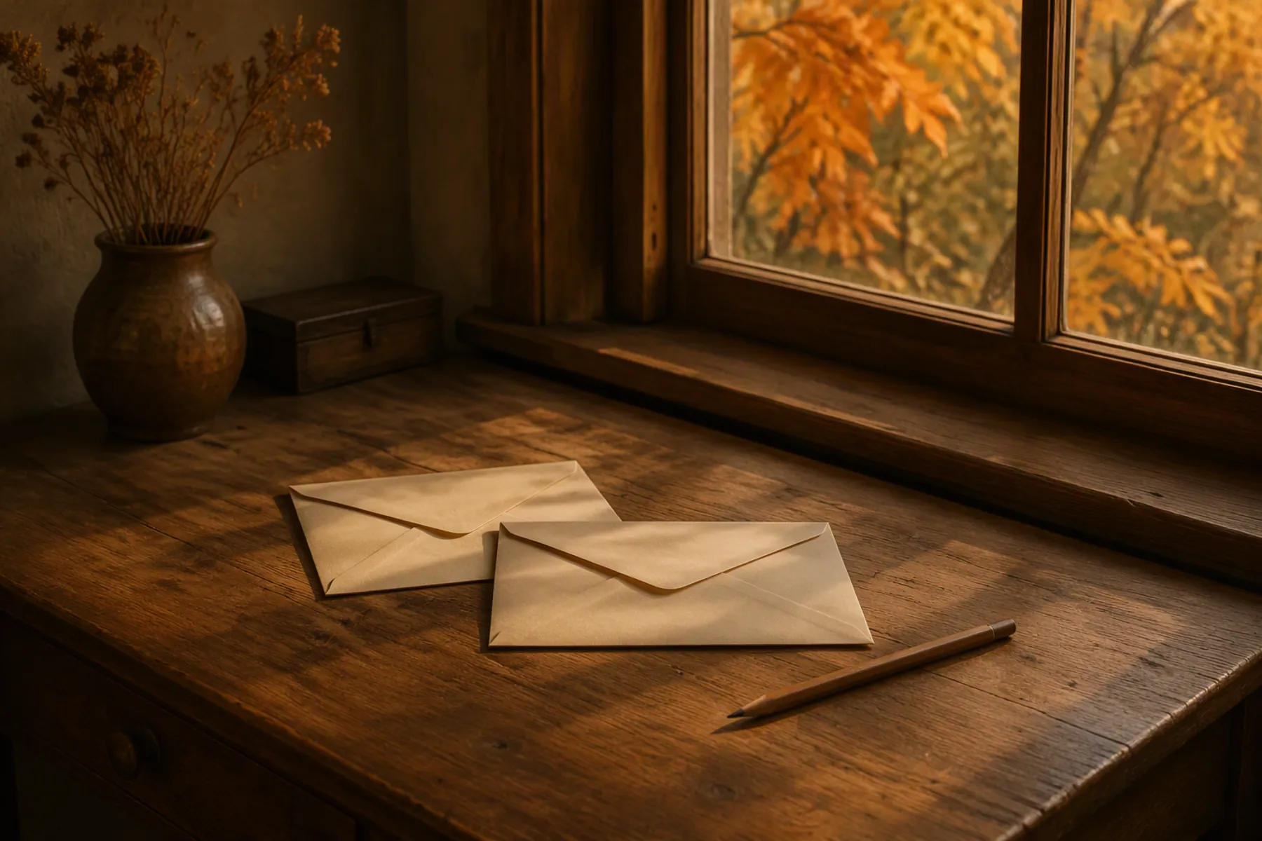 An old wooden desk by a window in warm autumn light, with two blank cream envelopes, a pencil and a clay vase of dried grasses, and orange leaves outside.